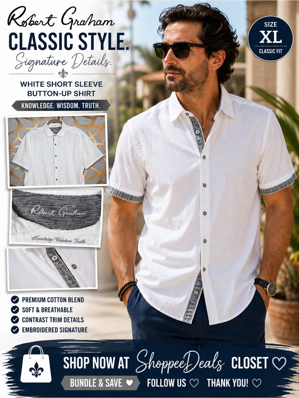Robert Graham Knowledge Wisdom Truth White Short Sleeve Button-Up Shirt